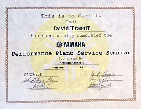 David Trasoff Registered Piano Technician Yamaha Piano Service Certificate - Professional Piano Service, Bellingham, Whatcom & Skagit Counties